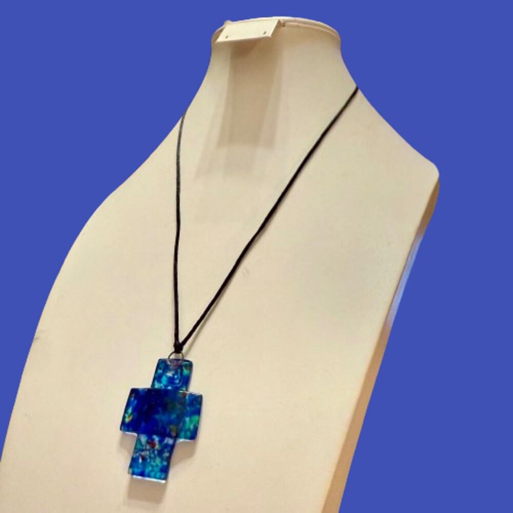 4 for $24 Sale Handcrafted Colorful Speckled Blue Art Glass Cross Pendant - Picture 7 of 7